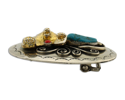 Navajo Eagle Head Belt Buckle .999 Nickle Turquoise & Coral Native Artist C80s