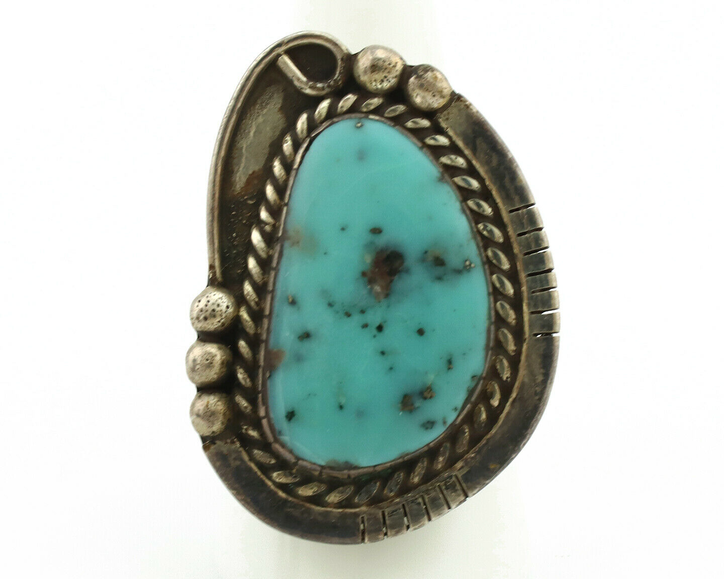 Navajo Ring .925 Silver Morenci Turquoise Artist Signed MN C.1980's
