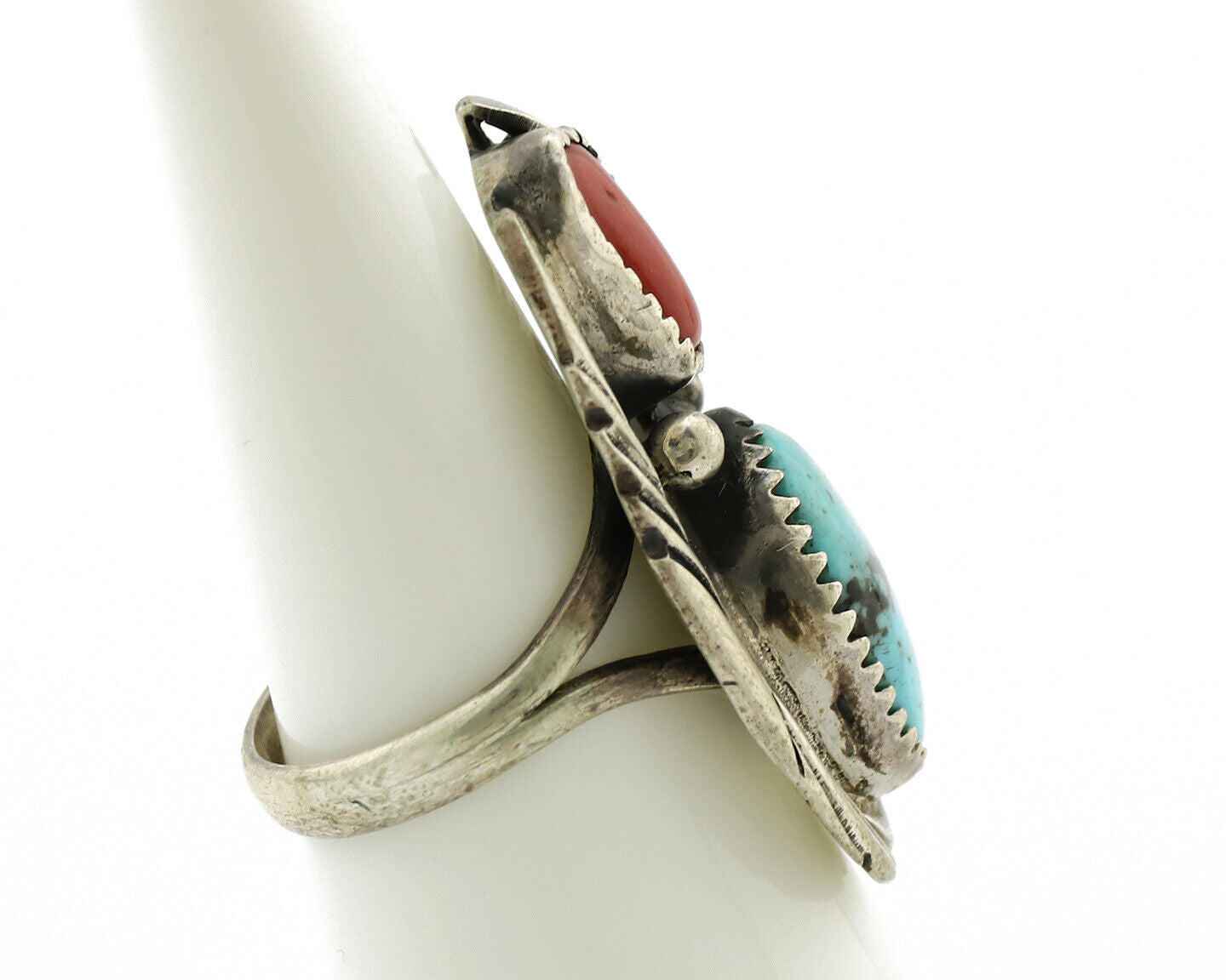 Navajo Ring 925 Silver Turquoise & Coral Artist Signed Native American C.80s