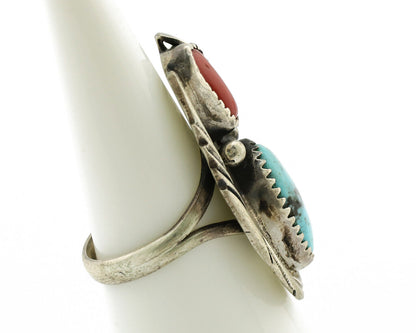 Navajo Ring 925 Silver Turquoise & Coral Artist Signed Native American C.80s