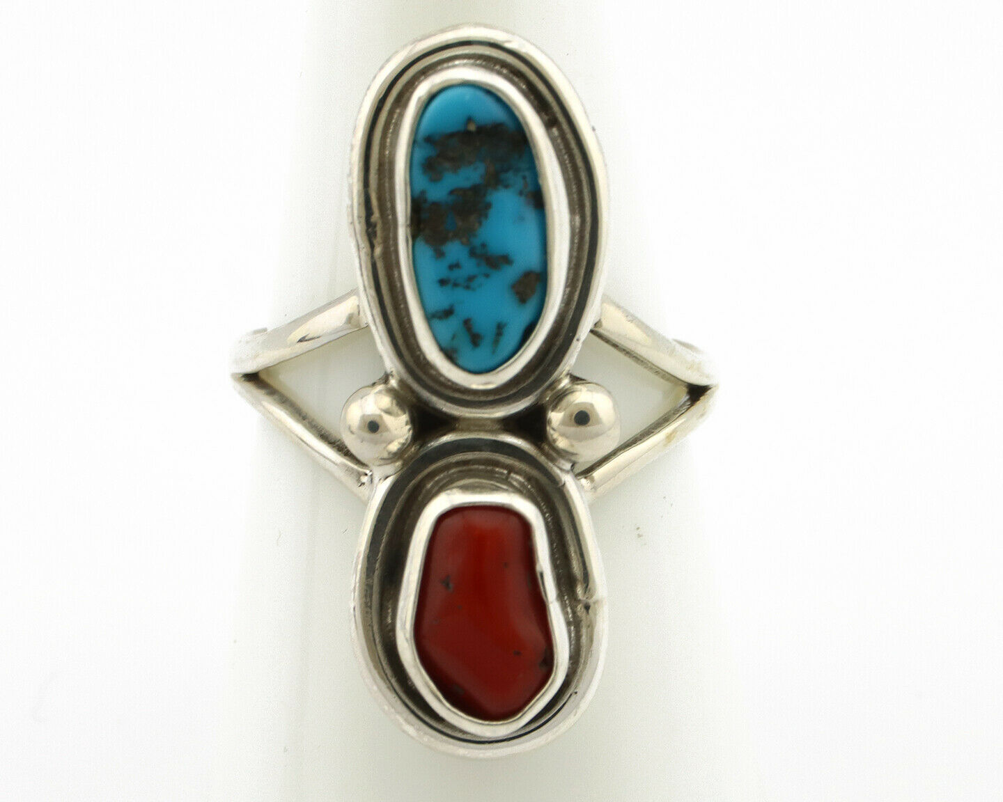 Navajo Ring .925 Silver Blue Turquoise & Red Coral Native American Artist C.80's