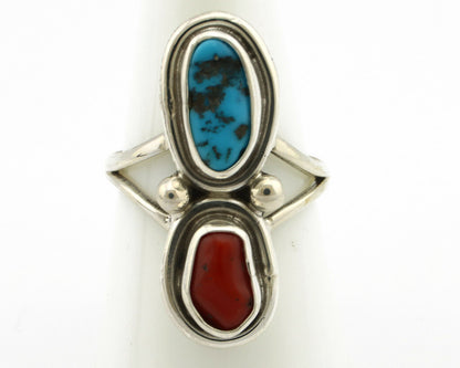 Navajo Ring .925 Silver Blue Turquoise & Red Coral Native American Artist C.80's