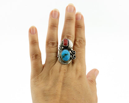 Navajo Ring 925 Silver Turquoise & Coral Artist Signed Native American C.80s
