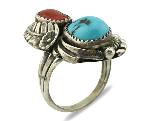 Navajo Ring .925 Silver Turquoise & Coral Artist Signed Thomas Singer C.80's