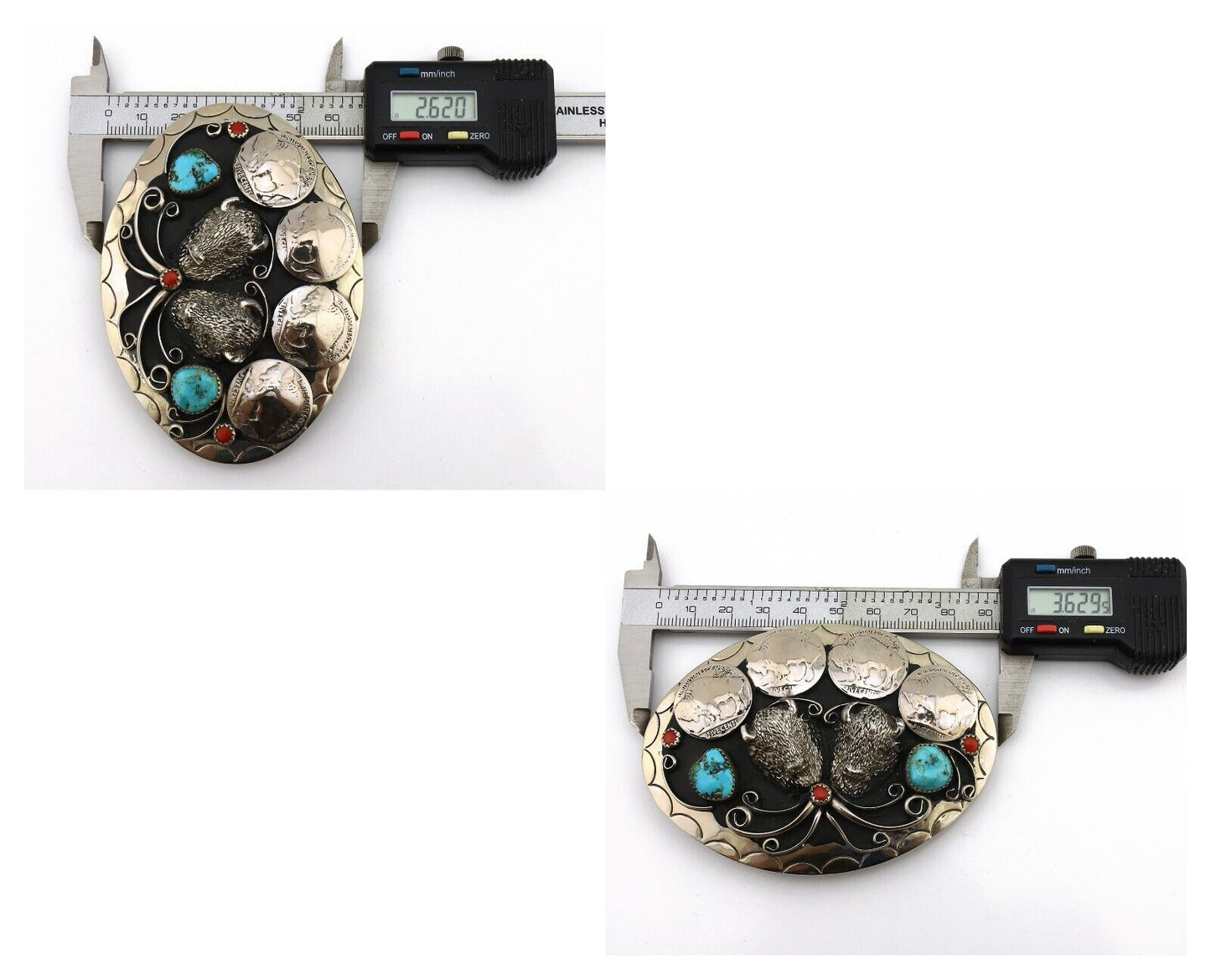 Navajo Buffalo Belt Buckle Nickle Silver Gemstone Handmade Native American C.80s