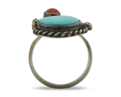 Navajo Handmade Ring 925 Silver Turquiose & Coral Native American Artist C.80's