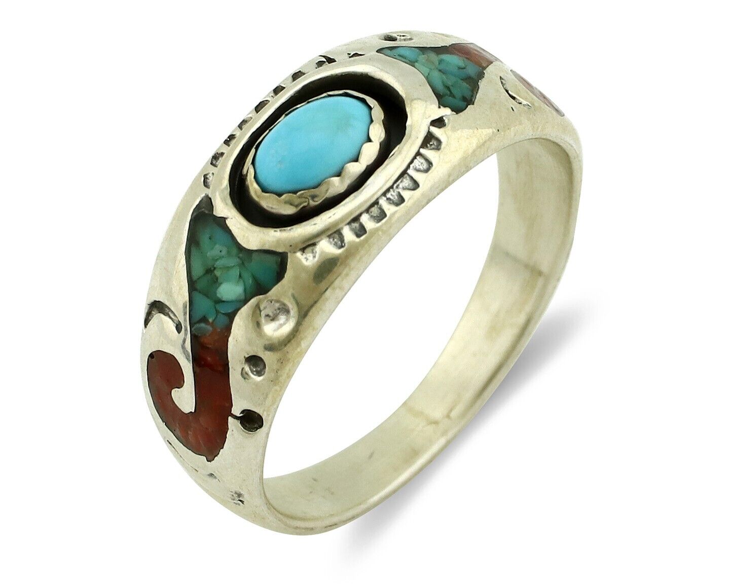 Navajo Handmade Ring 925 Silver Blue Turquoise & Coral Native American C.80's