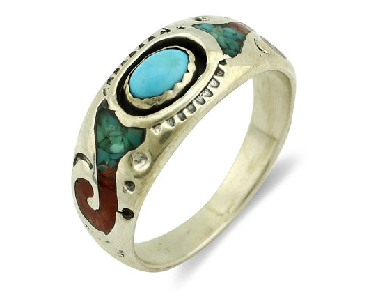 Navajo Handmade Ring 925 Silver Blue Turquoise & Coral Native American C.80's