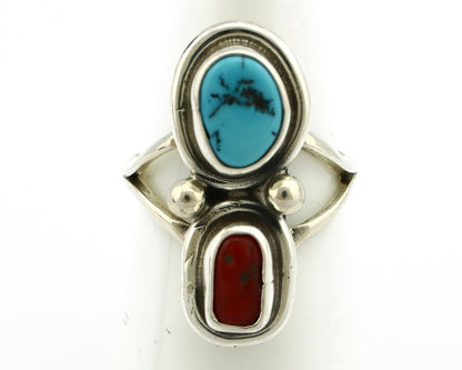 Navajo Ring .925 Silver Red Coral & Blue Turquoise Native Artist C.80's