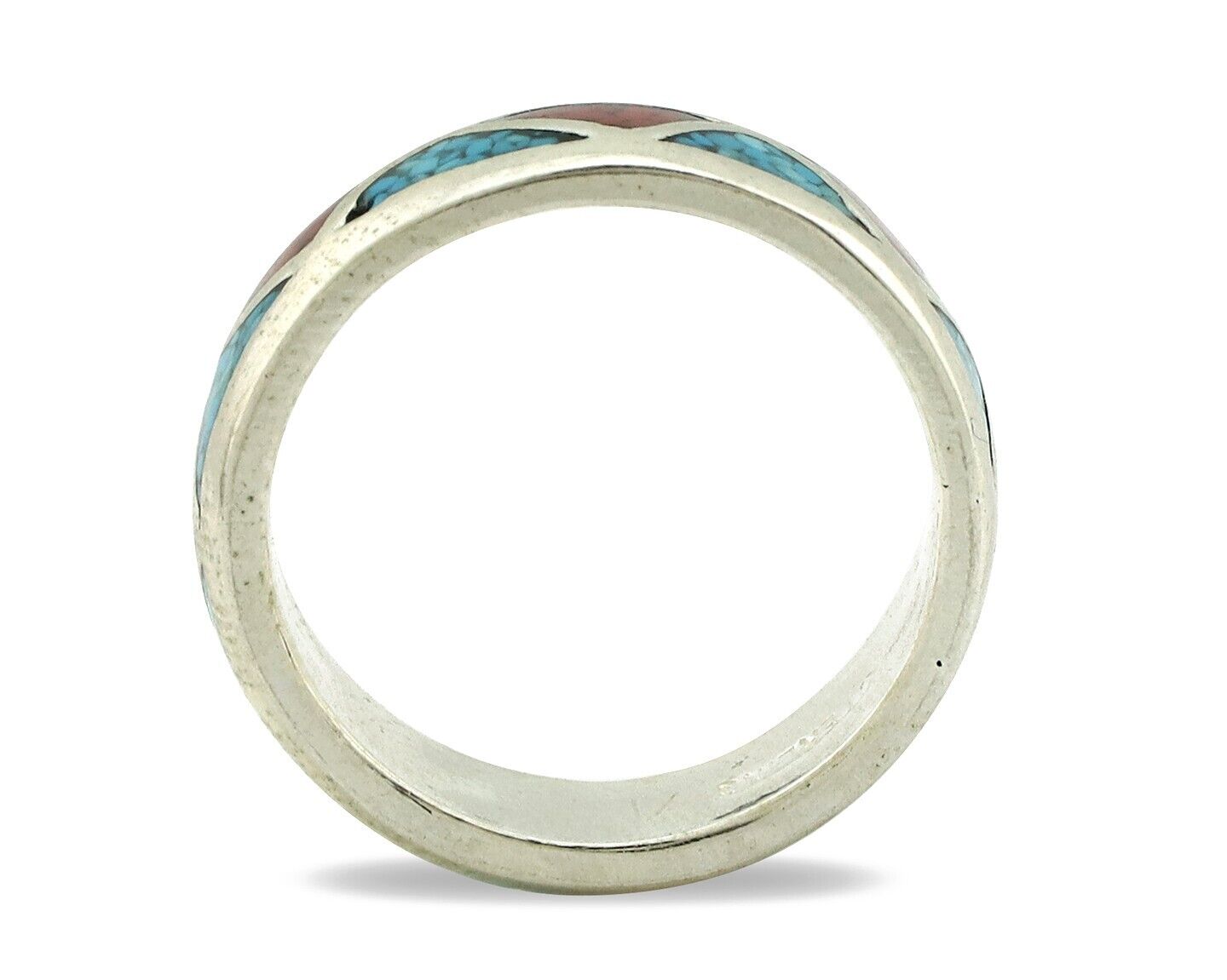 Navajo Chip Inlay Ring 925 Silver Sleeping Beauty Turquoise & Coral Silver Cloud
