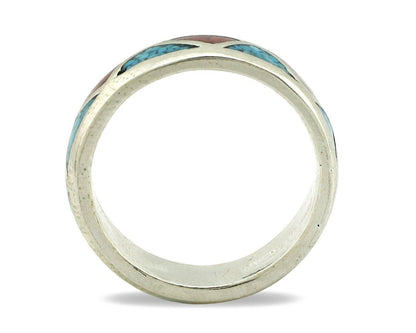 Navajo Chip Inlay Ring 925 Silver Sleeping Beauty Turquoise & Coral Silver Cloud