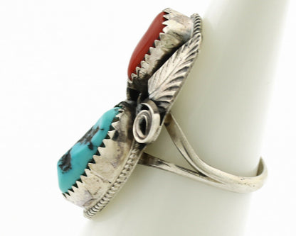 Navajo Ring .925 Silver Turquoise & Coral Artist Signed J Morris C.80's