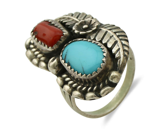 Navajo Ring .925 Silver Turquoise & Coral Artist Signed Thomas Singer C.80's