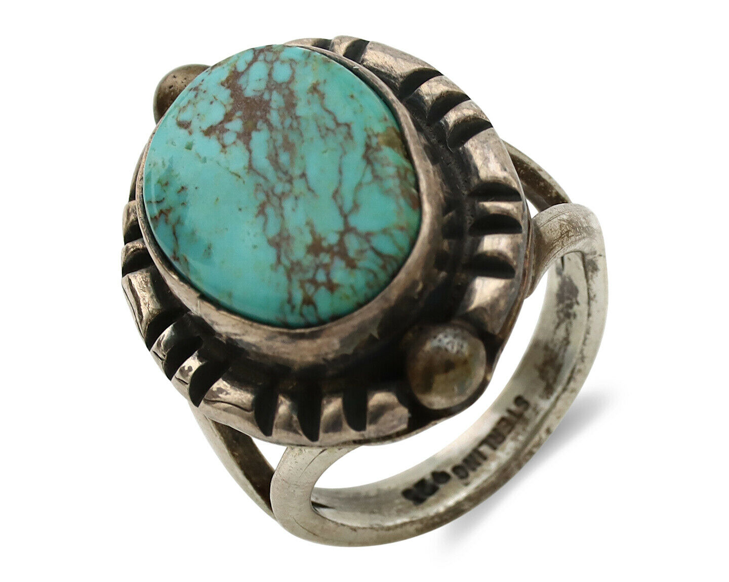 Navajo Ring .925 Silver Kingman Turquoise Artist Signed Gecko C.1980's