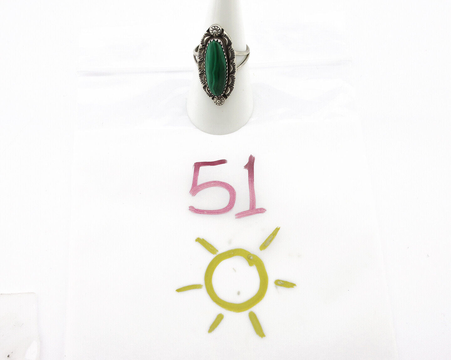 Navajo Ring 925 Silver Natural Malachite Artist Native American Signed H C.80's