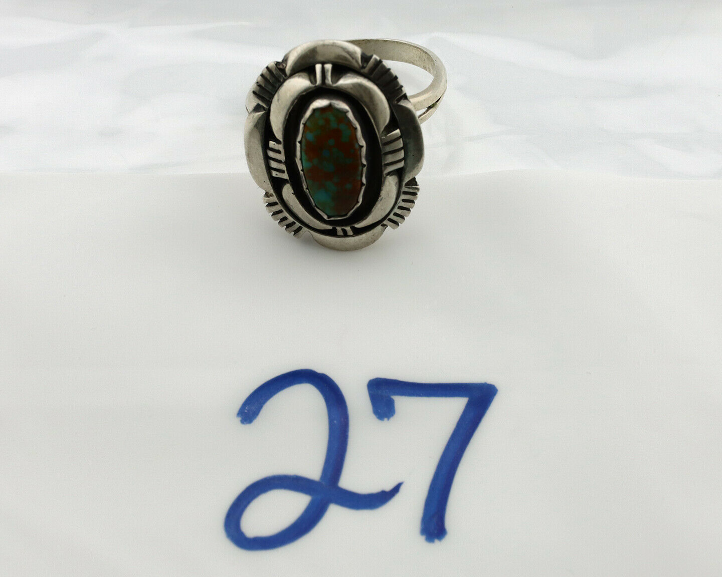 Navajo Ring .925 Silver Spiderweb Turquoise Artist Signed L. M. Nez C80s