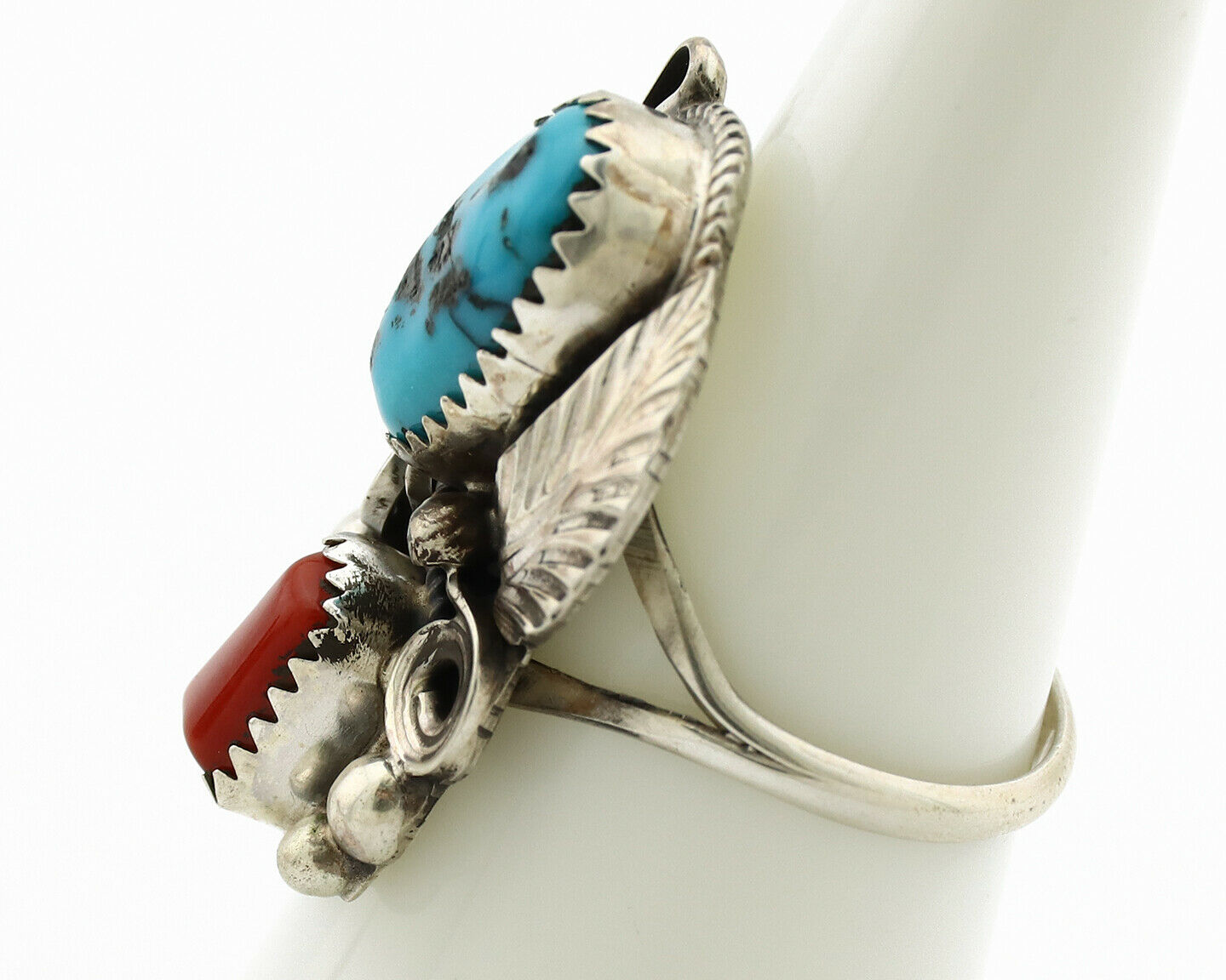 Navajo Ring .925 Silver Turquoise & Coral Artist Signed J Morris C.80's