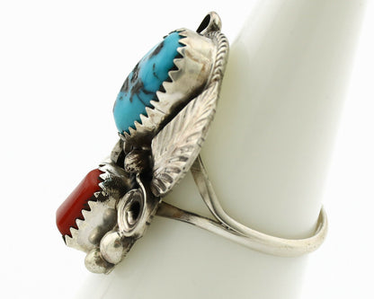 Navajo Ring .925 Silver Turquoise & Coral Artist Signed J Morris C.80's
