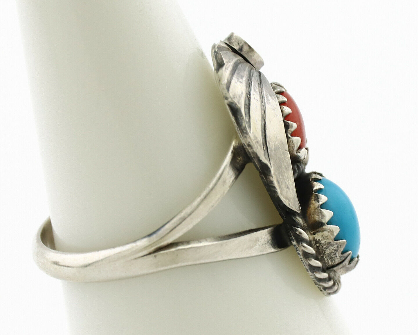 Navajo Ring .925 Silver Turquoise & Coral Artist Signed J Morris C.80's
