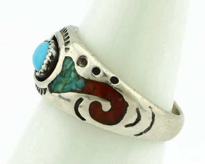 Navajo Handmade Ring 925 Silver Blue Turquoise & Coral Native American C.80's