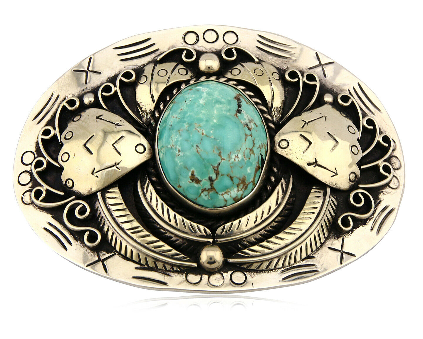 Navajo Belt Buckle .999 Nickle Silver Morenci Turquoise Native Artist C.80's