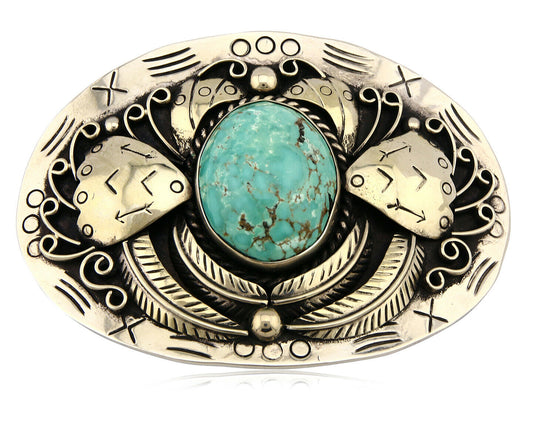 Navajo Belt Buckle .999 Nickle Silver Morenci Turquoise Native Artist C.80's