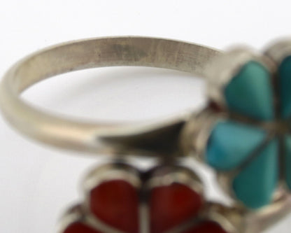 Zuni Flower Ring 925 Silver Turquoise & Coral Native American Artist C.80's