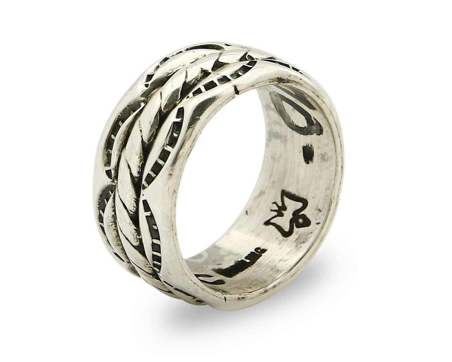 Navajo Ring .925 Silver Handmade Hand Stamped 3 Row Rope Band C.1980s