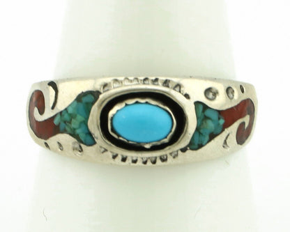 Navajo Handmade Ring 925 Silver Blue Turquoise & Coral Native American C.80's