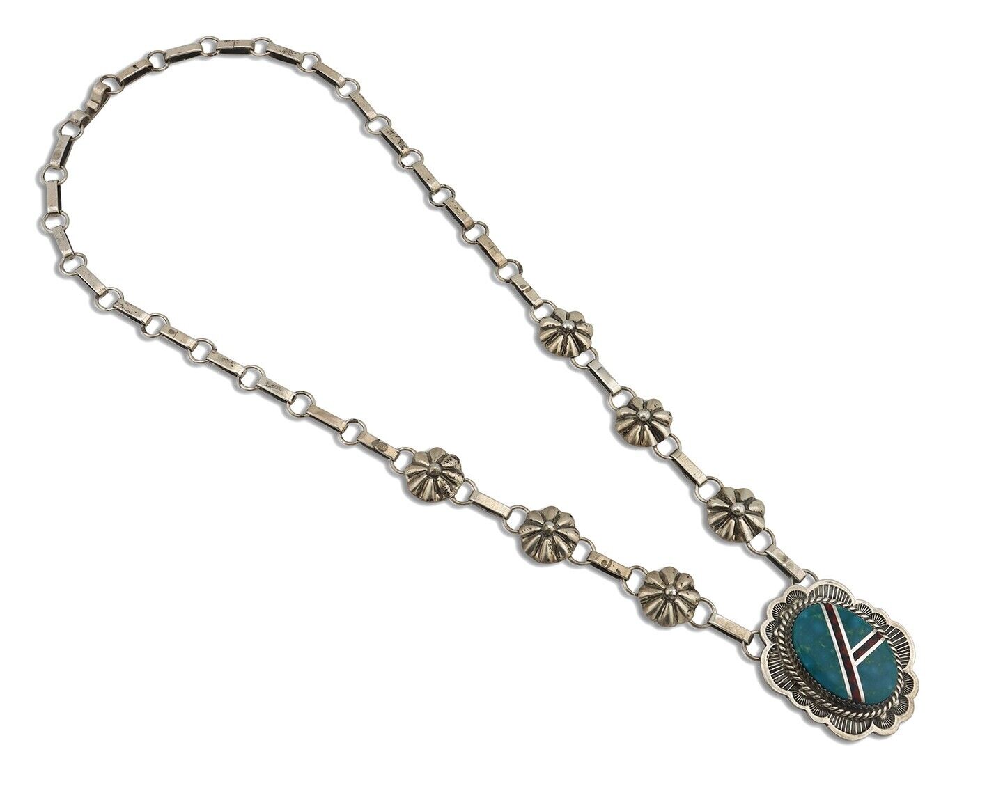 Navajo Necklace 925 Silver Blue Gem Turquoise, Onyx, Coral Signed M Begay C.80's