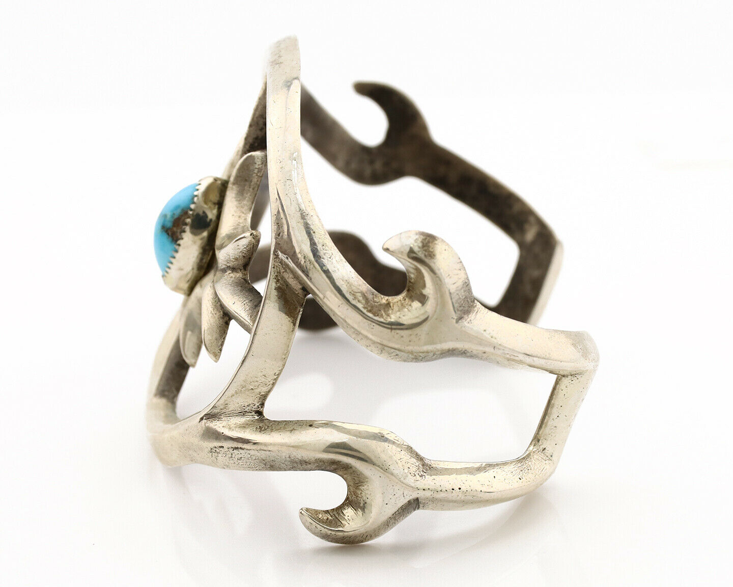 Navajo Sand Cast Cuff Bracelet .925 Silver Morenci Turquoise Native Artist C.80s