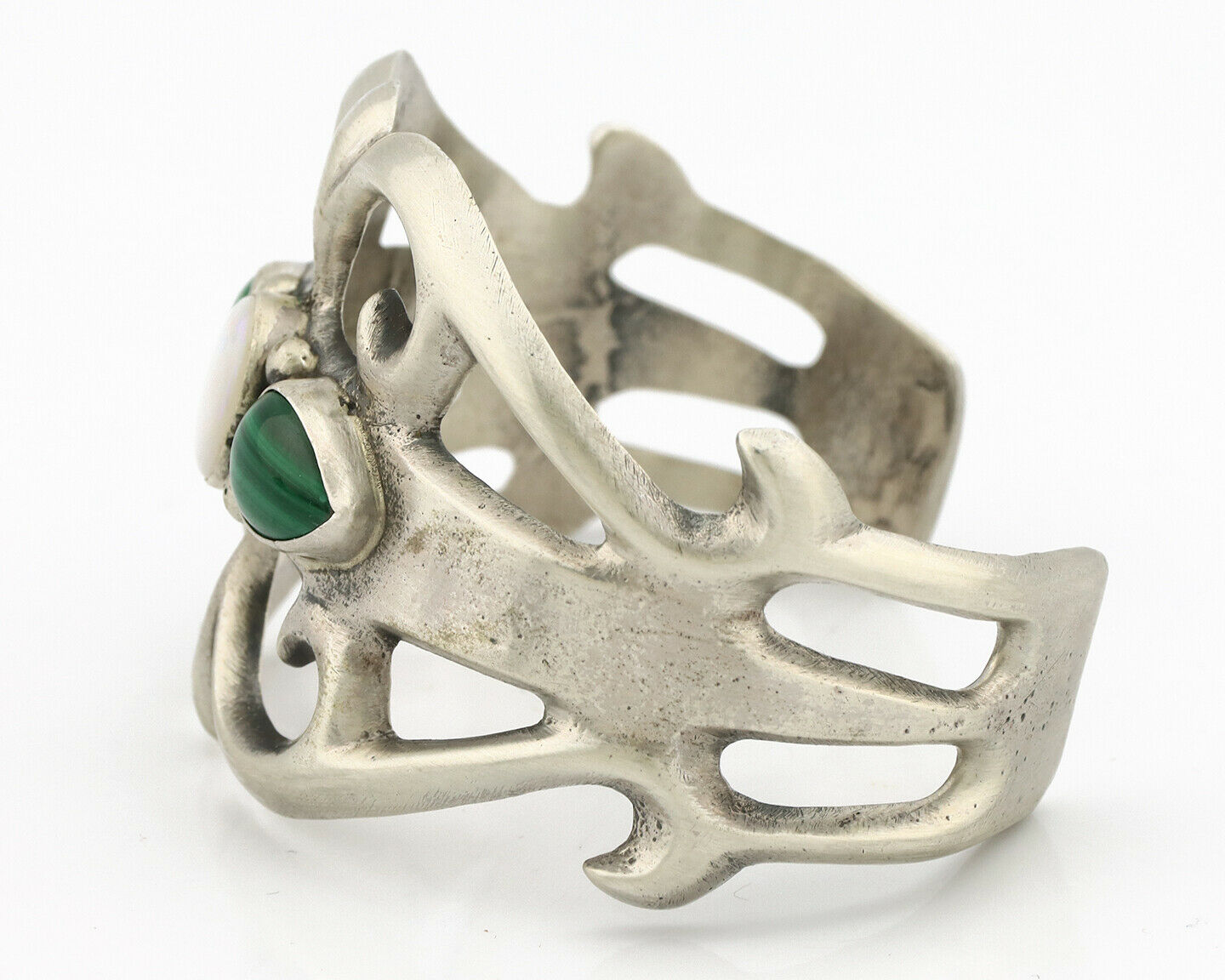 Navajo Sand Cast Bracelet .925 Silver Malachite & Opal Native Artist C.80's