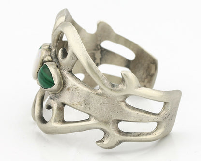 Navajo Sand Cast Bracelet .925 Silver Malachite & Opal Native Artist C.80's