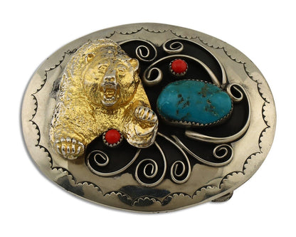 Navajo Eagle Head Belt Buckle .999 Nickle Turquoise & Coral Native Artist C80s