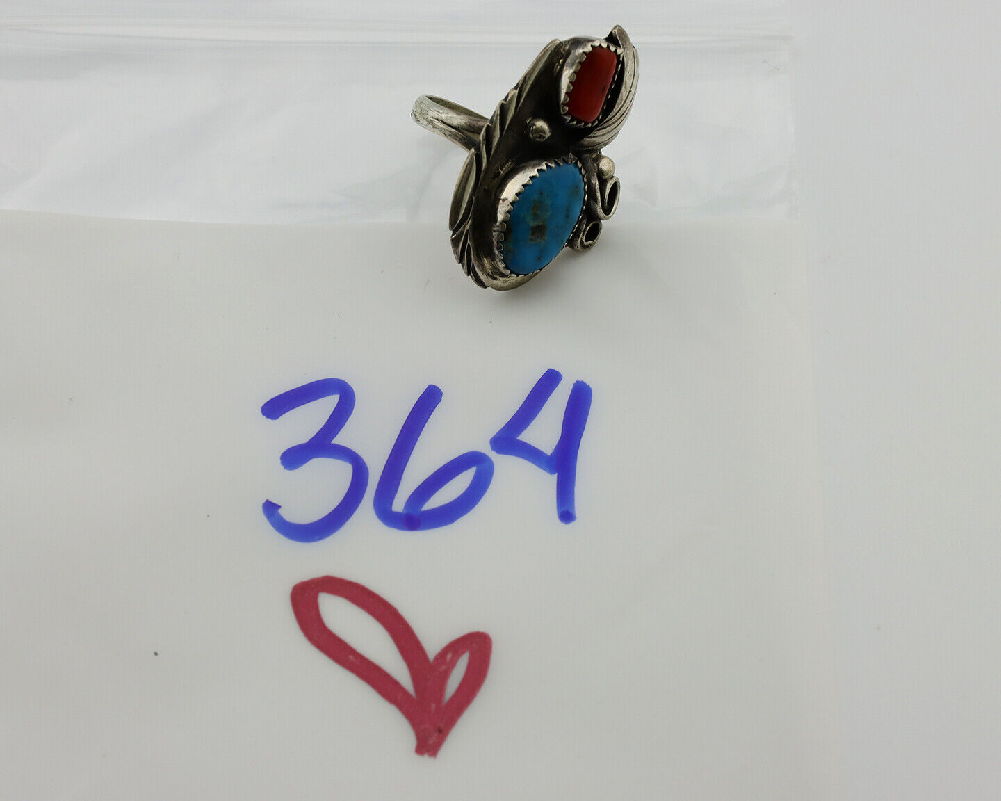 Navajo Ring 925 Silver Turquoise & Coral Artist Signed Native American C.80s