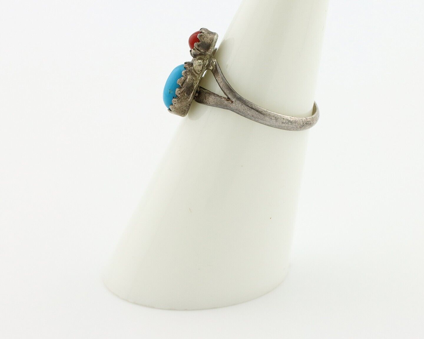Navajo Handmade Ring 925 Silver Turquiose & Coral Native American Artist C.80's