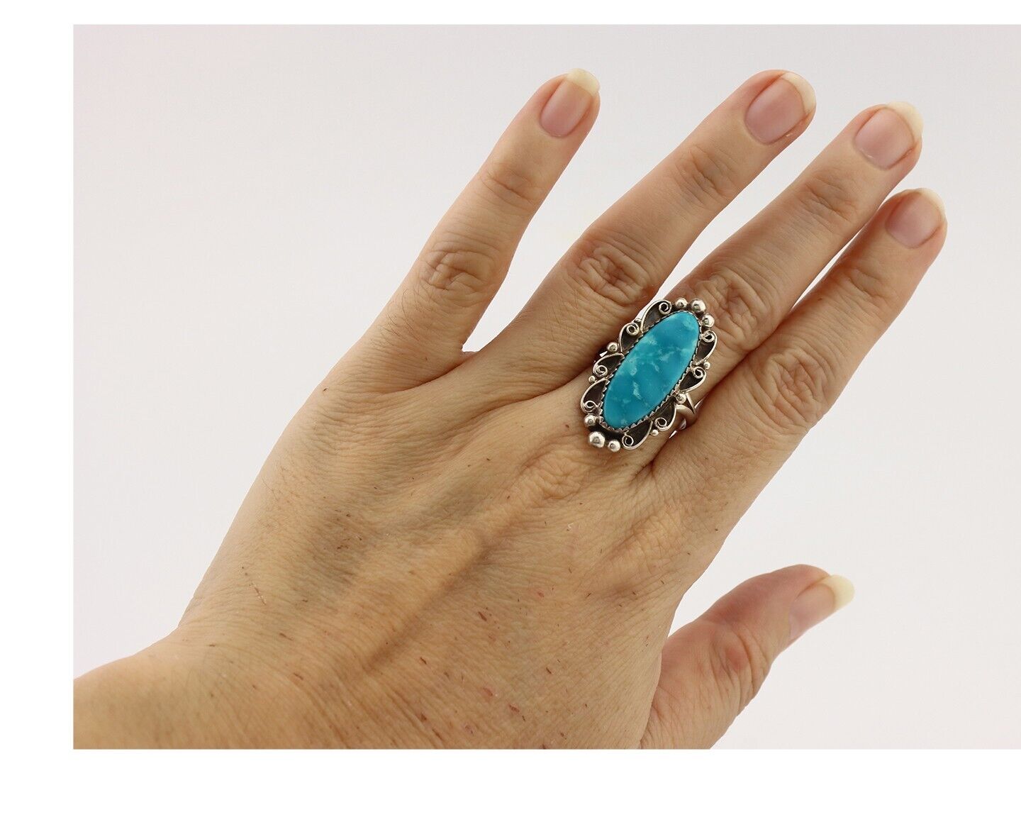 Navajo Ring 925 Silver Blue Gem Turquoise Artist Signed TALHAT C.80's