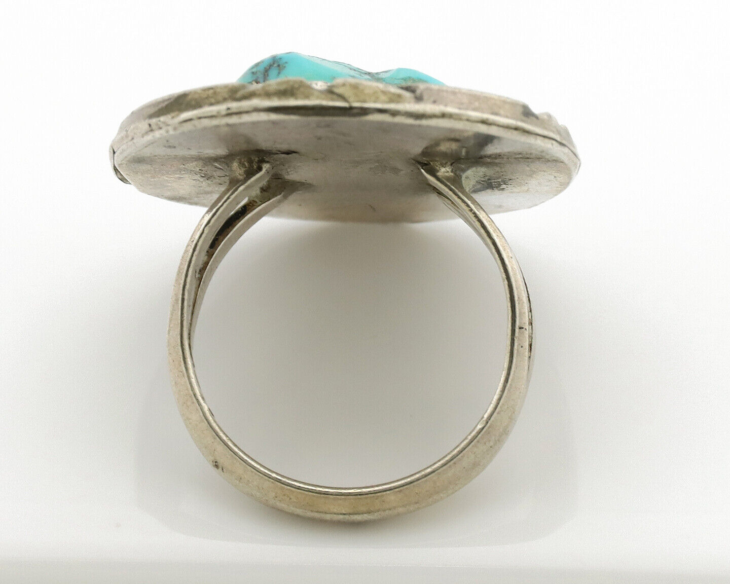 Navajo Ring .925 Silver Globe Turquoise Hand Stamped Native American Artist C80s