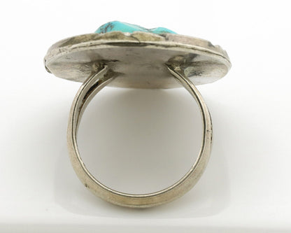 Navajo Ring .925 Silver Globe Turquoise Hand Stamped Native American Artist C80s