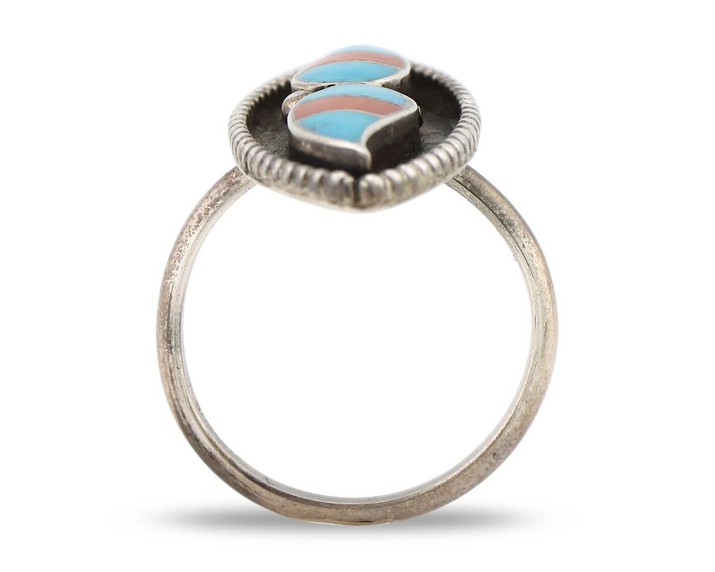 Zuni Handmade Ring .925 Silver Turquoise & Coral Artist Signed L&J C.80's