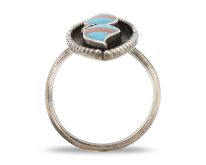 Zuni Handmade Ring .925 Silver Turquoise & Coral Artist Signed L&J C.80's