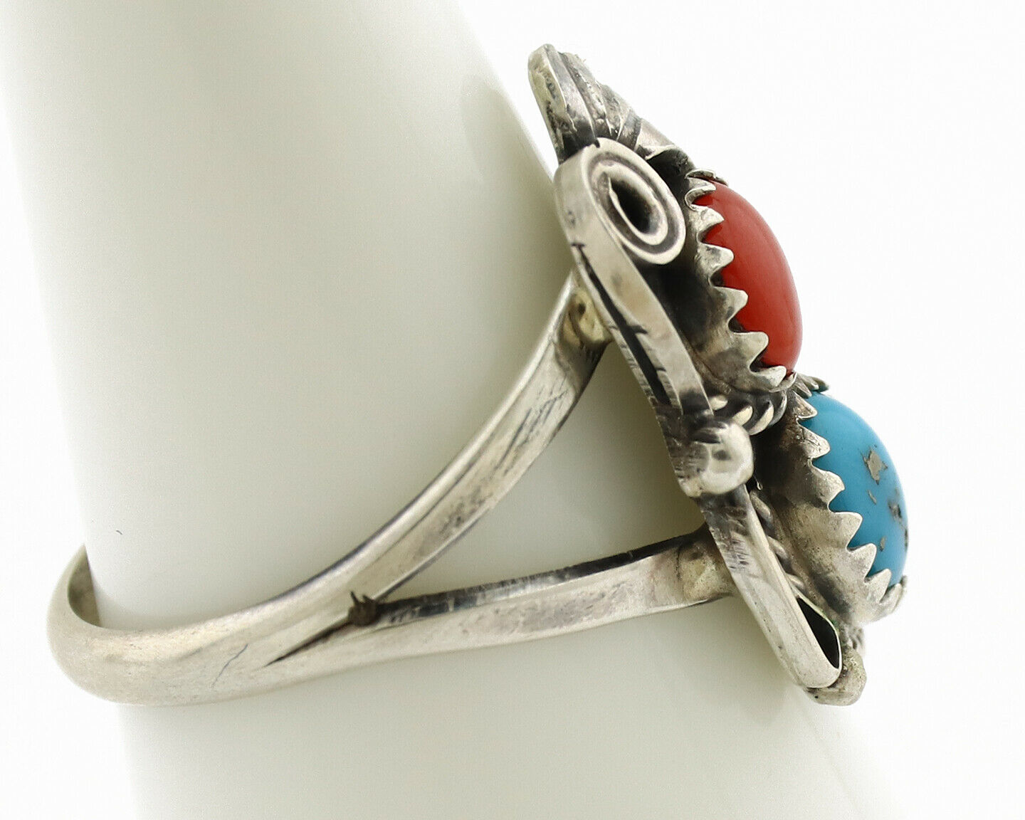 Navajo Ring .925 Silver Turquoise & Coral Artist Signed J Morris C.80's