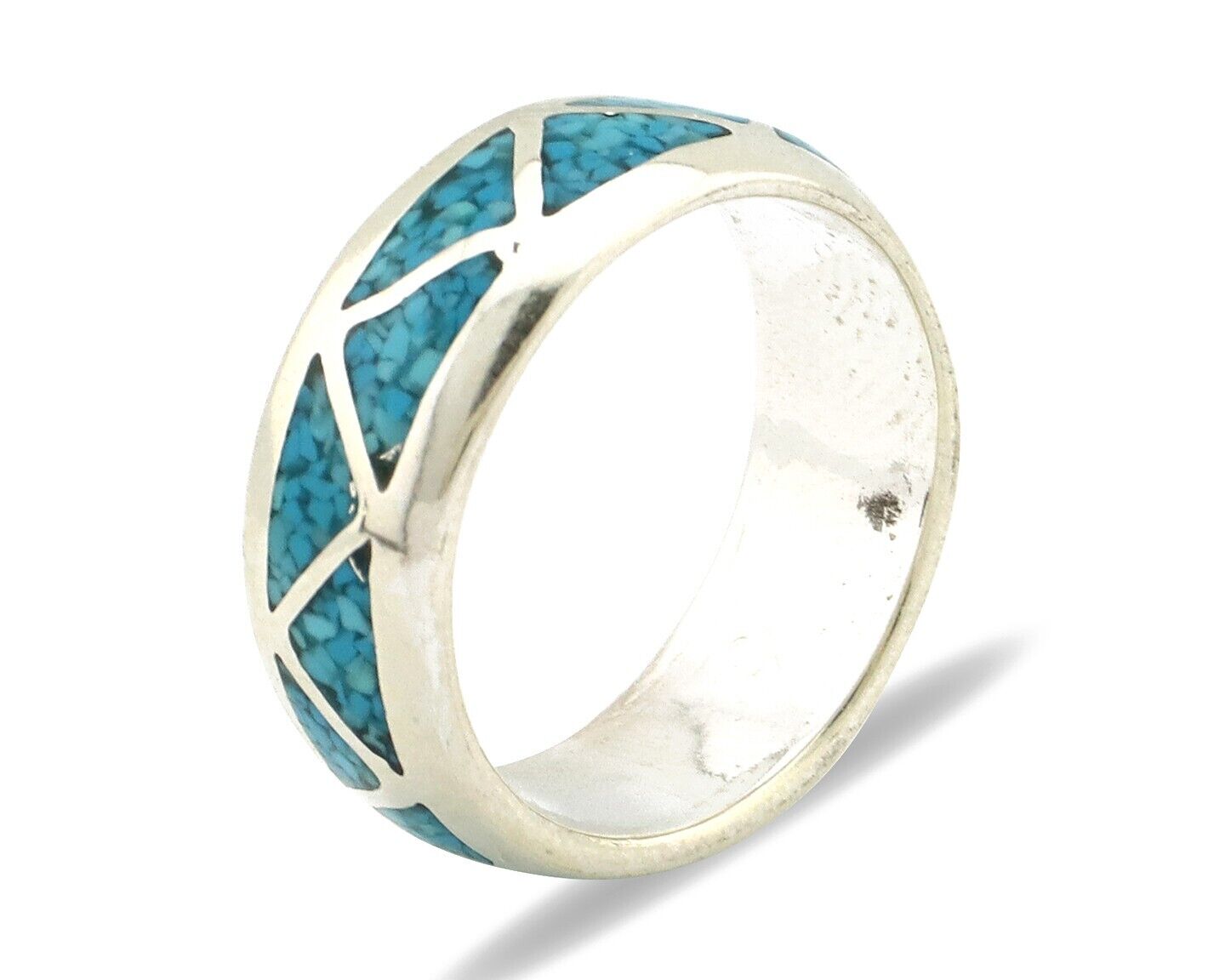 Navajo Chip Inlay Ring 925 Silver Sleeping Beauty Turquoise Artist Silver Cloud
