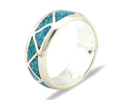 Navajo Chip Inlay Ring 925 Silver Sleeping Beauty Turquoise Artist Silver Cloud