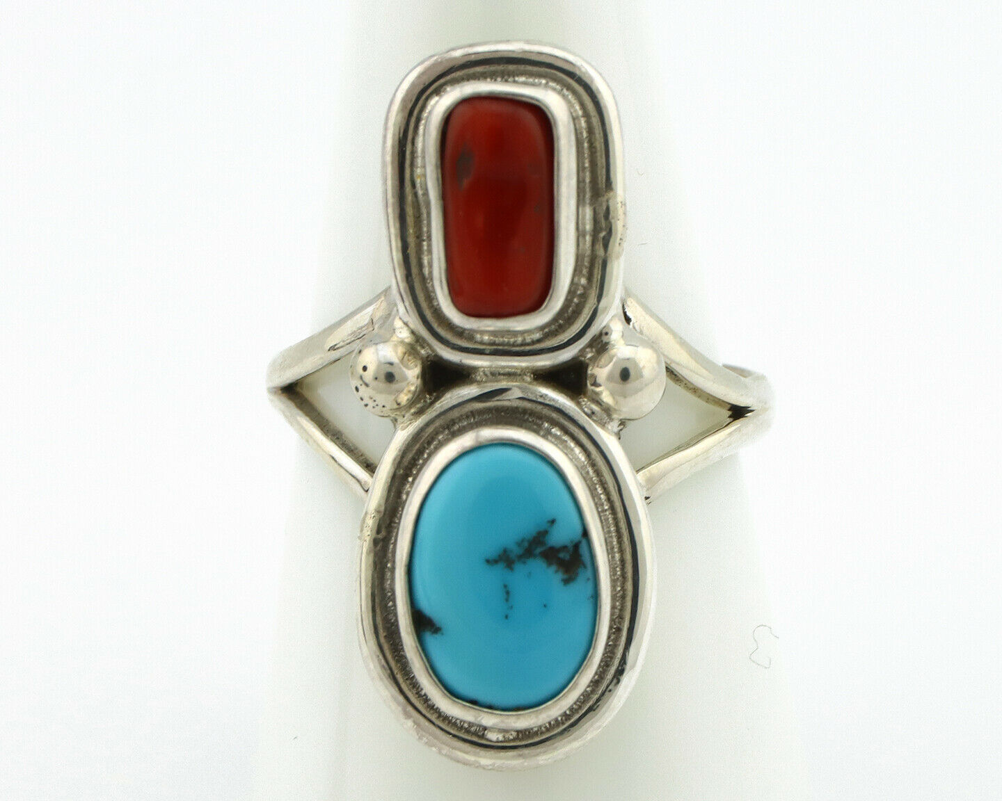 Navajo Ring .925 Silver Blue Turquoise & Red Coral Native American Artist C.80's