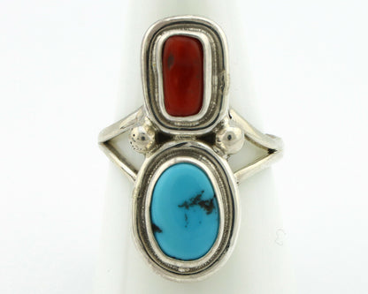 Navajo Ring .925 Silver Blue Turquoise & Red Coral Native American Artist C.80's