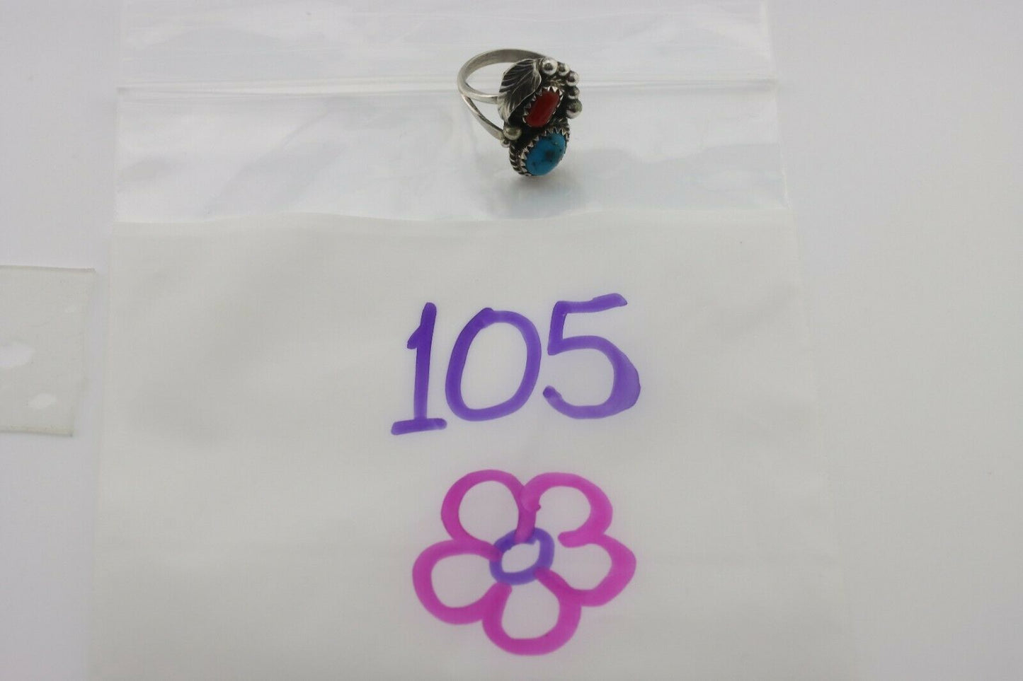 Navajo Ring .925 Silver Morenci Turquoise & Coral Native Artist Signed JM C.80's