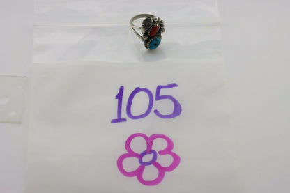 Navajo Ring .925 Silver Morenci Turquoise & Coral Native Artist Signed JM C.80's