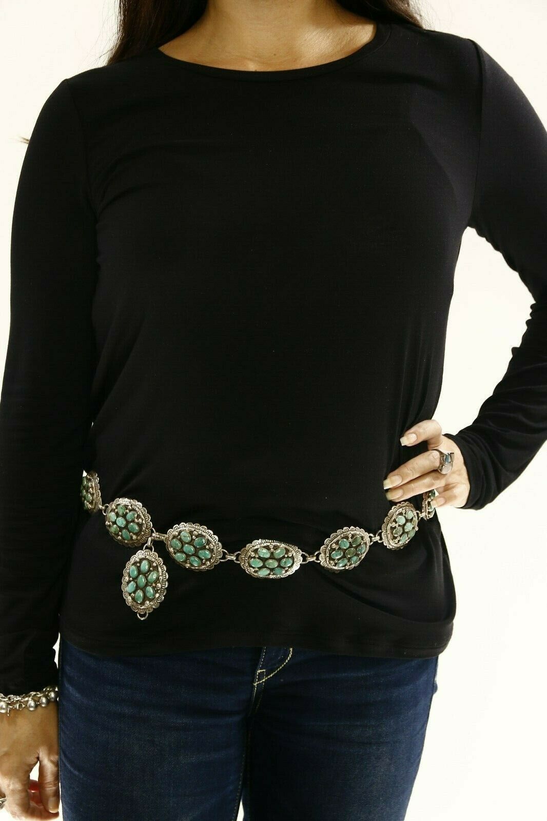 Women's Navajo Concho Belt .925 Silver Signed Montoya C.80's Nat Turq