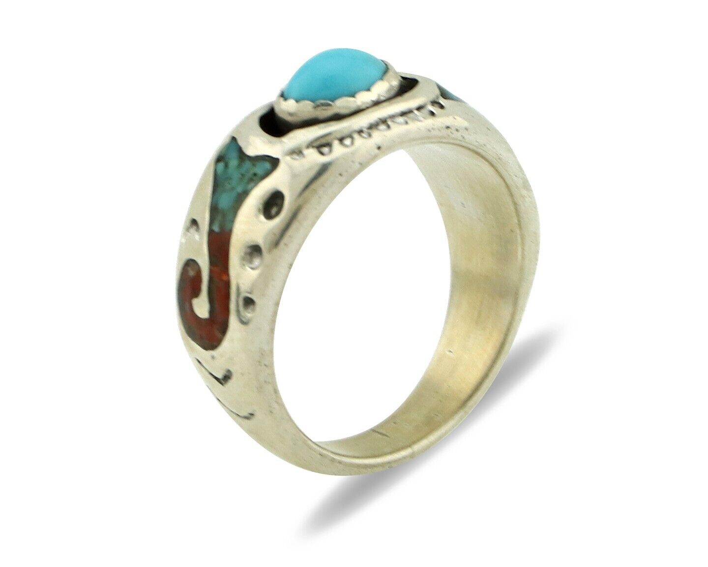 Navajo Handmade Ring 925 Silver Blue Turquoise & Coral Native American C.80's
